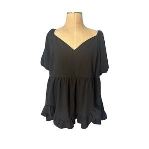 Shein Curve Womens Off Shoulder V-neck Smocked Back Ruffle Blouse Black 2XL NWT